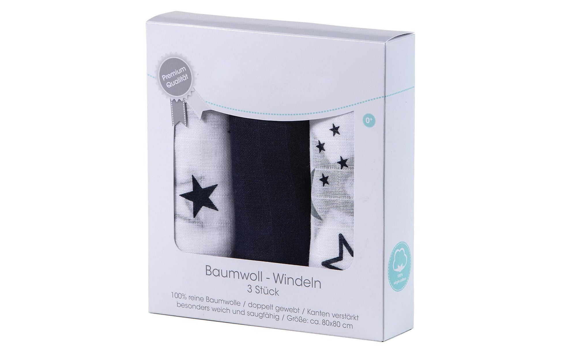 Makian Mulltuch Sterne – 80 × 80 cm, Blau/Weiss, Baumwolle, 3er-Set