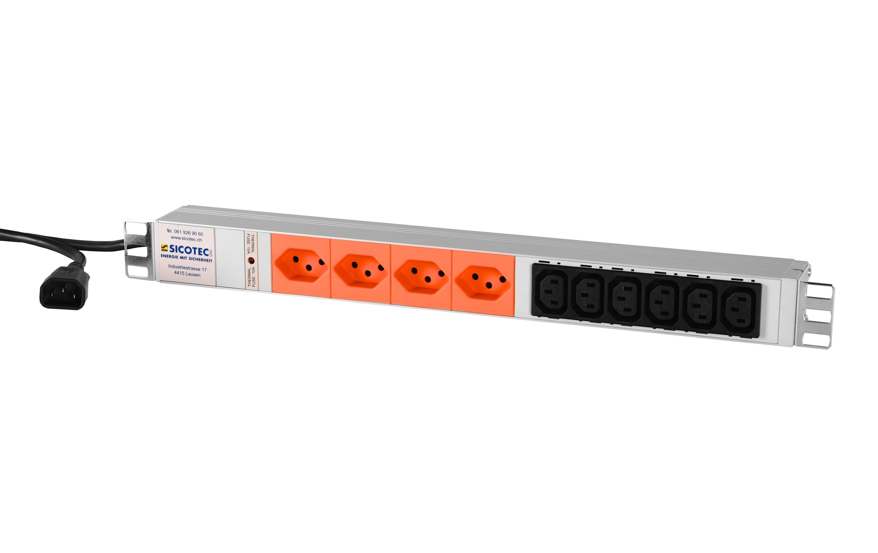 Sicotec AG Sicotec USV Steckdosenleiste (4×T13 + 6×C13), Eingang C14, 3 m, 10 A – grau/schwarz/orange