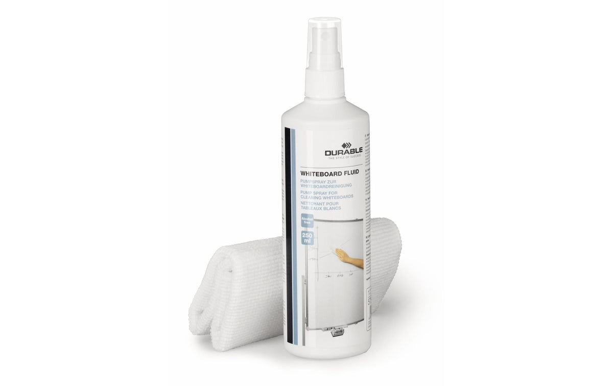 Durable Reinigungsset – 250 ml + Mikrofasertuch 25,0 × 25,0 cm, Mikrofaser, Weiss, für Whiteboard
