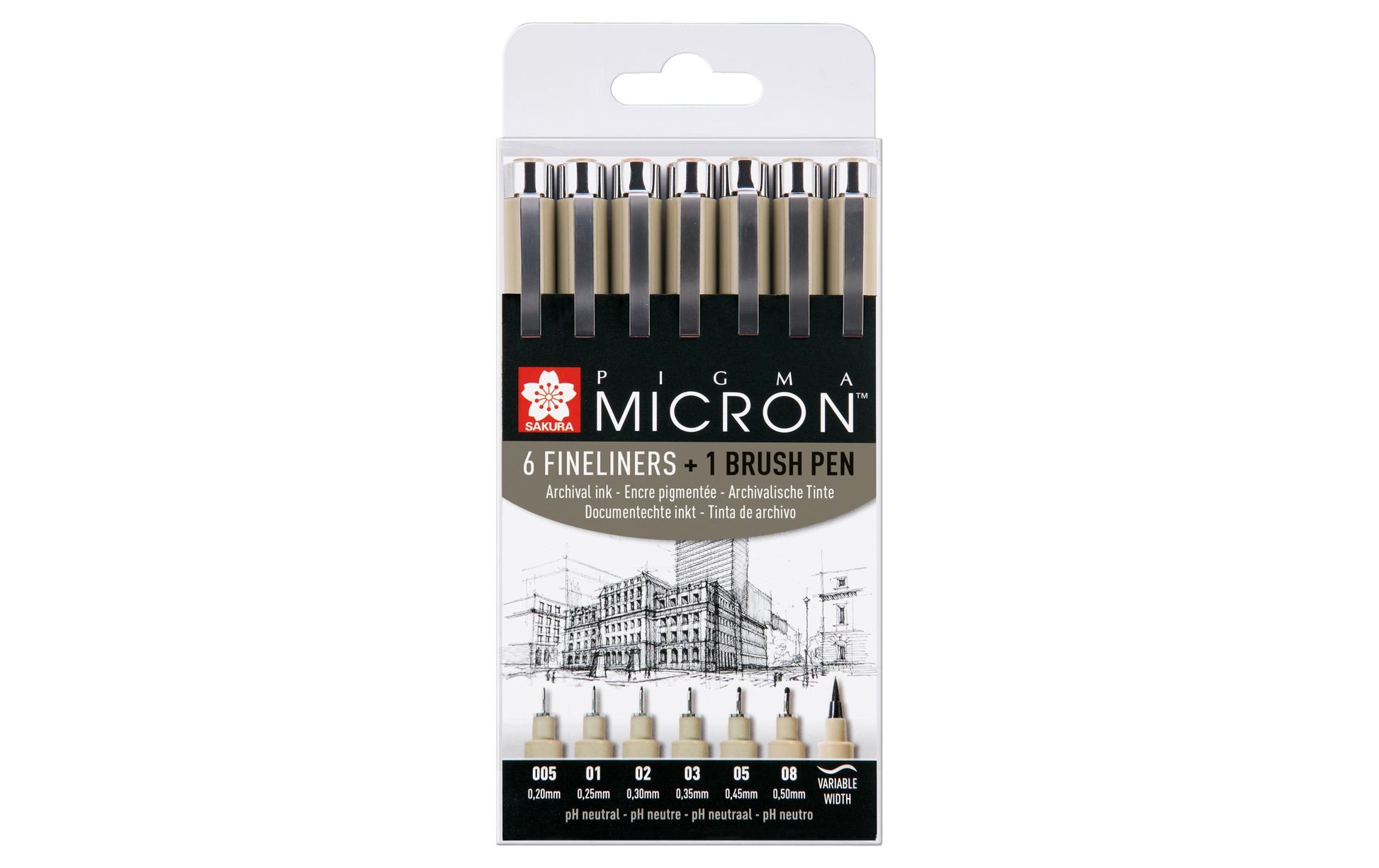Sakura Pigma Micron Fineliner Etui – 7 Stk., 0,20–0,50 mm, schwarz, dokumentenecht