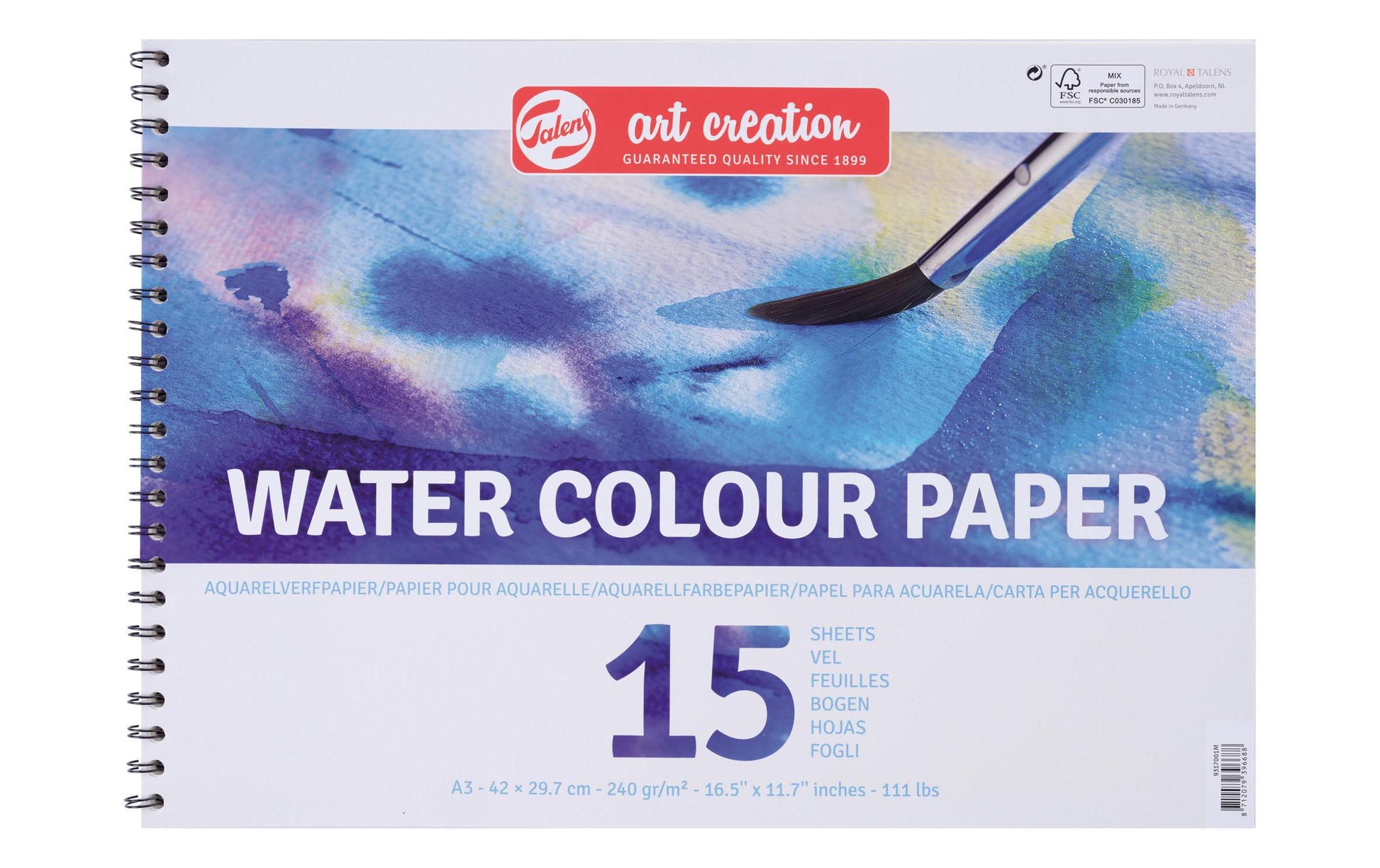 Talens Aquarellblock – A3 – 240 g/m² – Spiralbindung – 15 Blatt