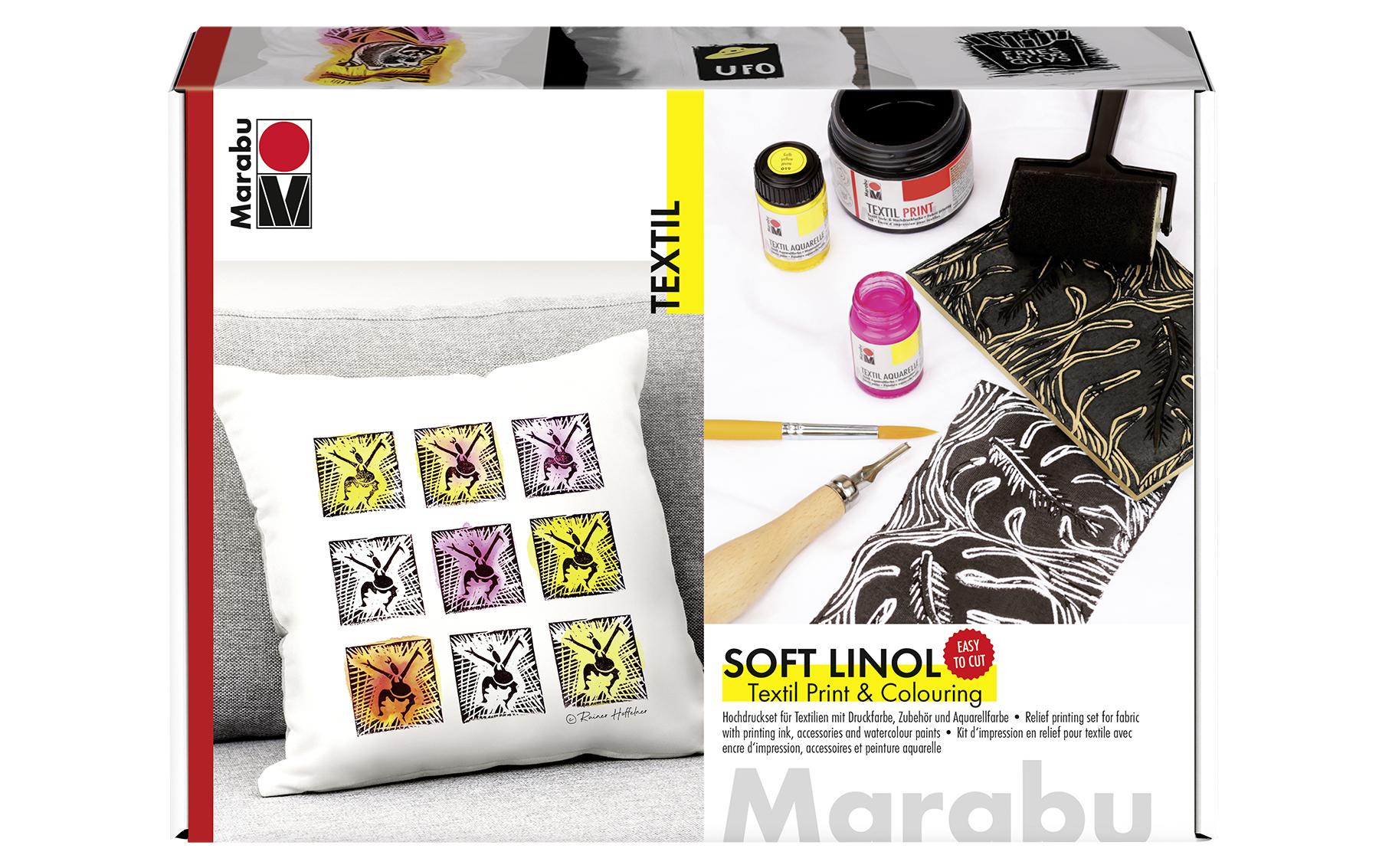 Marabu Soft Linol Print & Colouring – Textil-Transfer-Set – 1 × 100 ml + 2 × 15 ml – Softdruckplatte A5