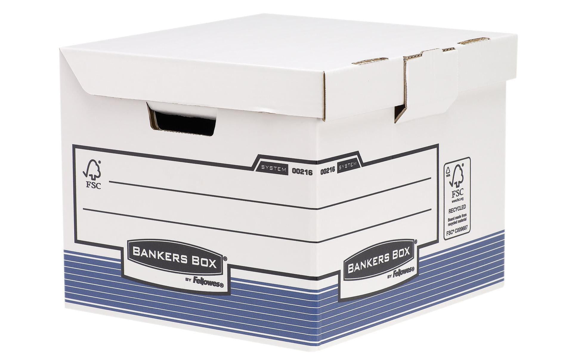 Fellowes Umzugsbox 46 l – mit Klappdeckel, 377 × 310 × 395 mm, weiss, blau, Karton, 10er Pack