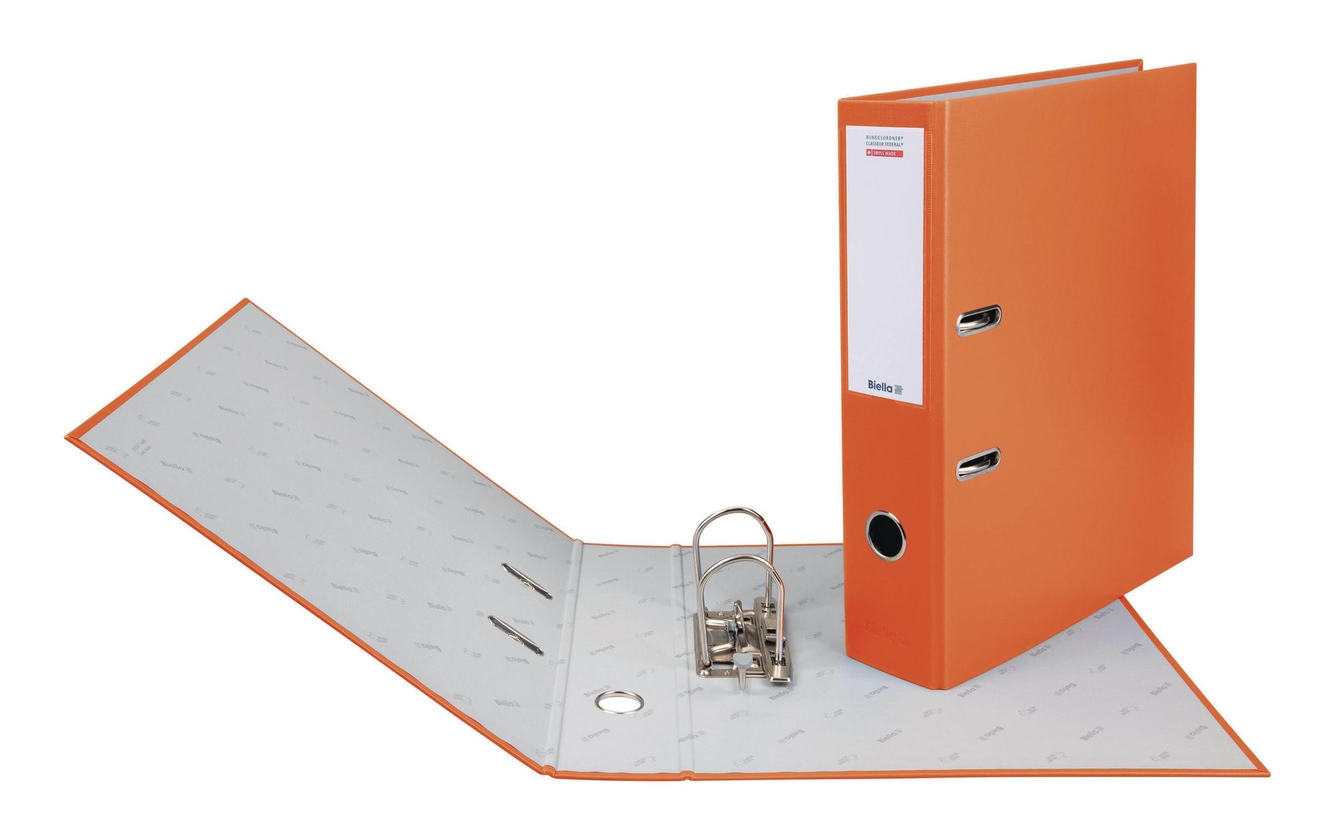 Biella Ordner – A4 hoch – 2-Ring Hebelmechanik, Rücken 70 mm – orange, mit Niederhalter, mit Griffloch, FSC