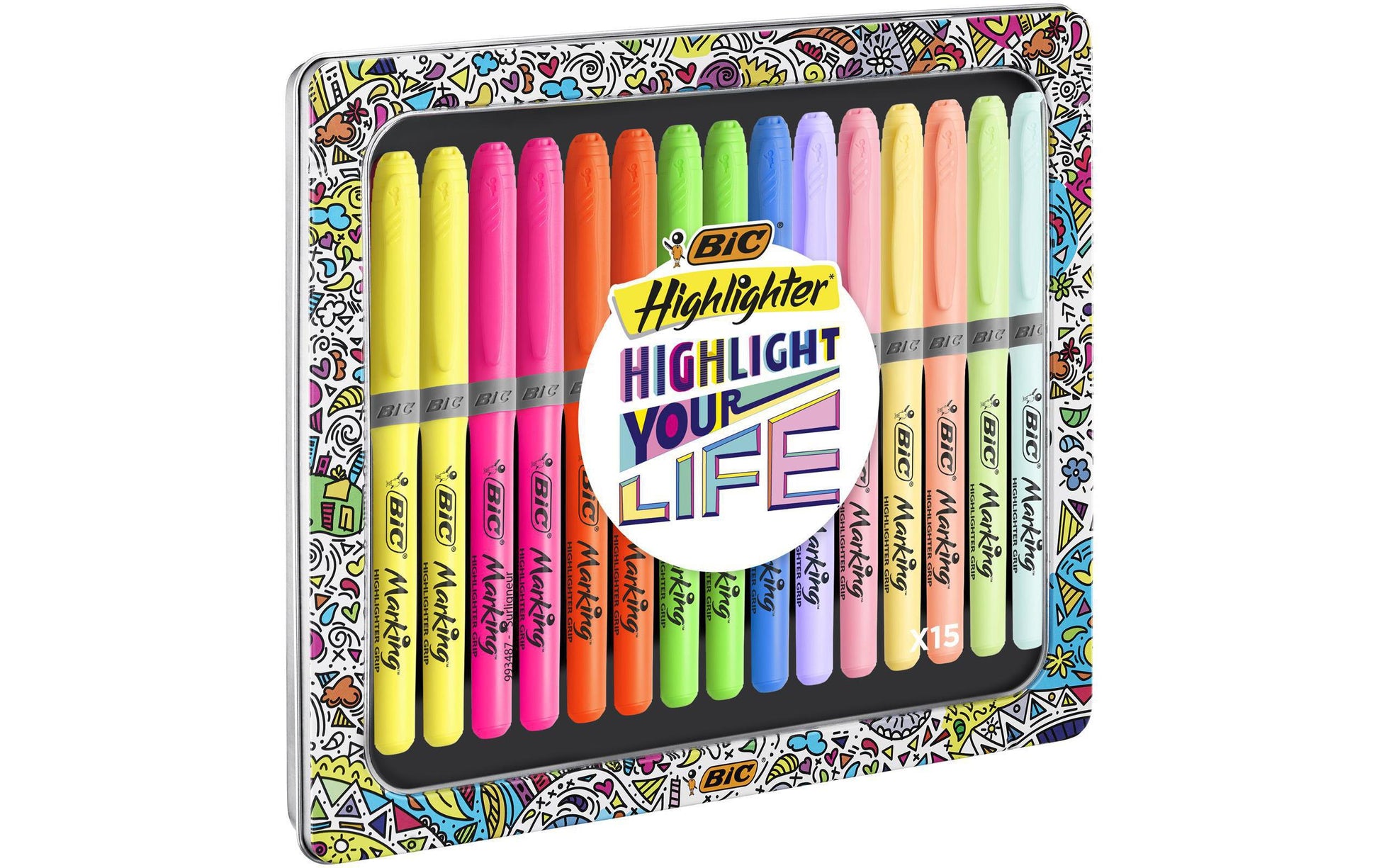 BIC Textmarker – 15er Set, Farben: Pastellblau/Pastellgrün/Pastellorange …, Keilspitze 1,5–3 mm
