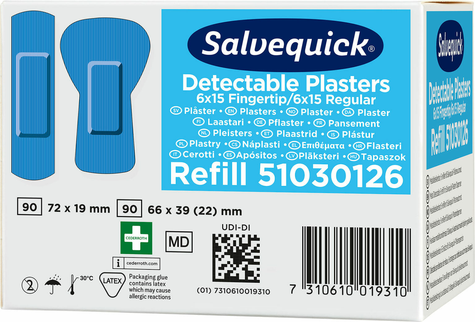 Cederroth Pflaster-Nachfüllpackung detektierbar, sortiert – 30 Stück, für Salvequick Spender, blau