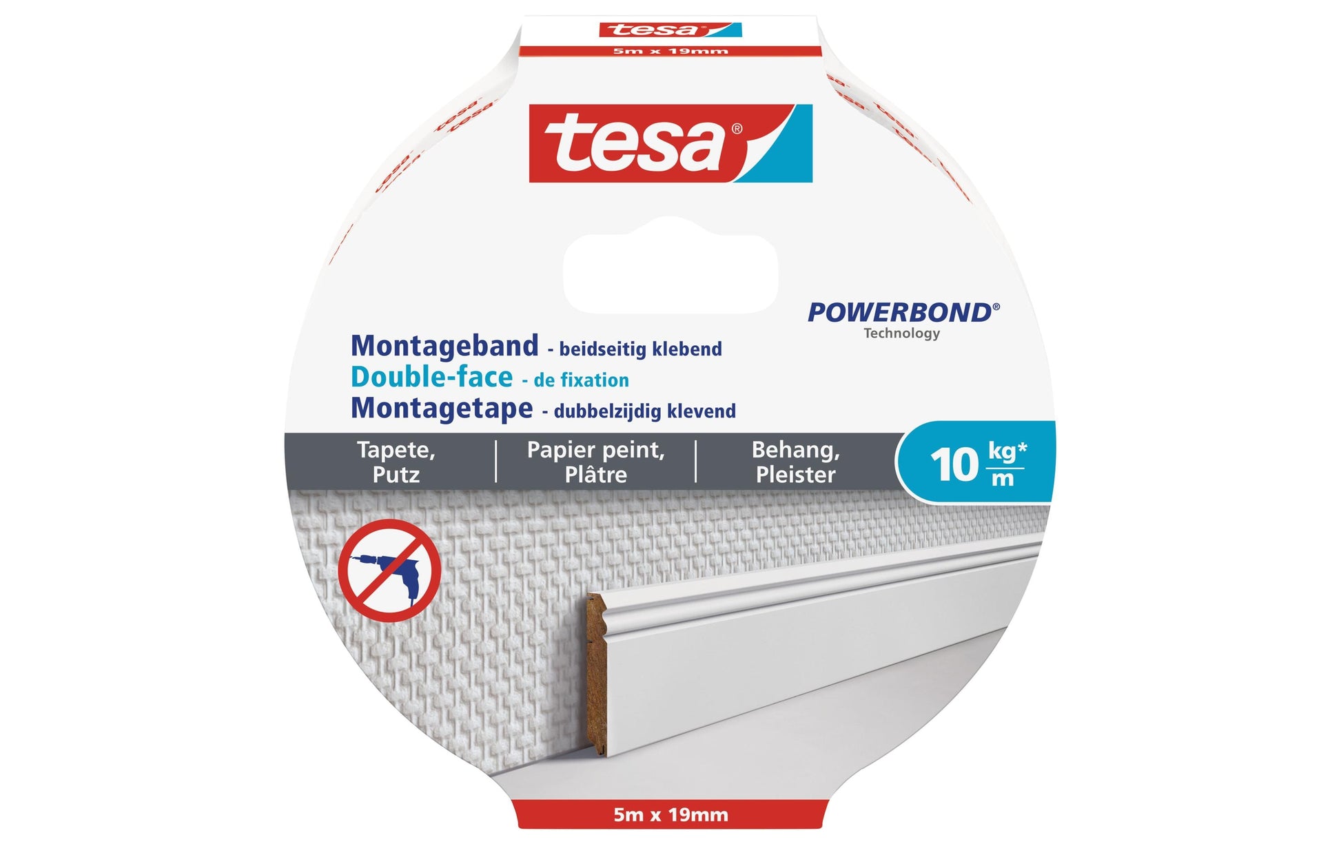 TESA Montageband extra stark – 19 mm × 5 m, weiss, bis 10 kg/10 cm, für Tapete/Putz, Innen