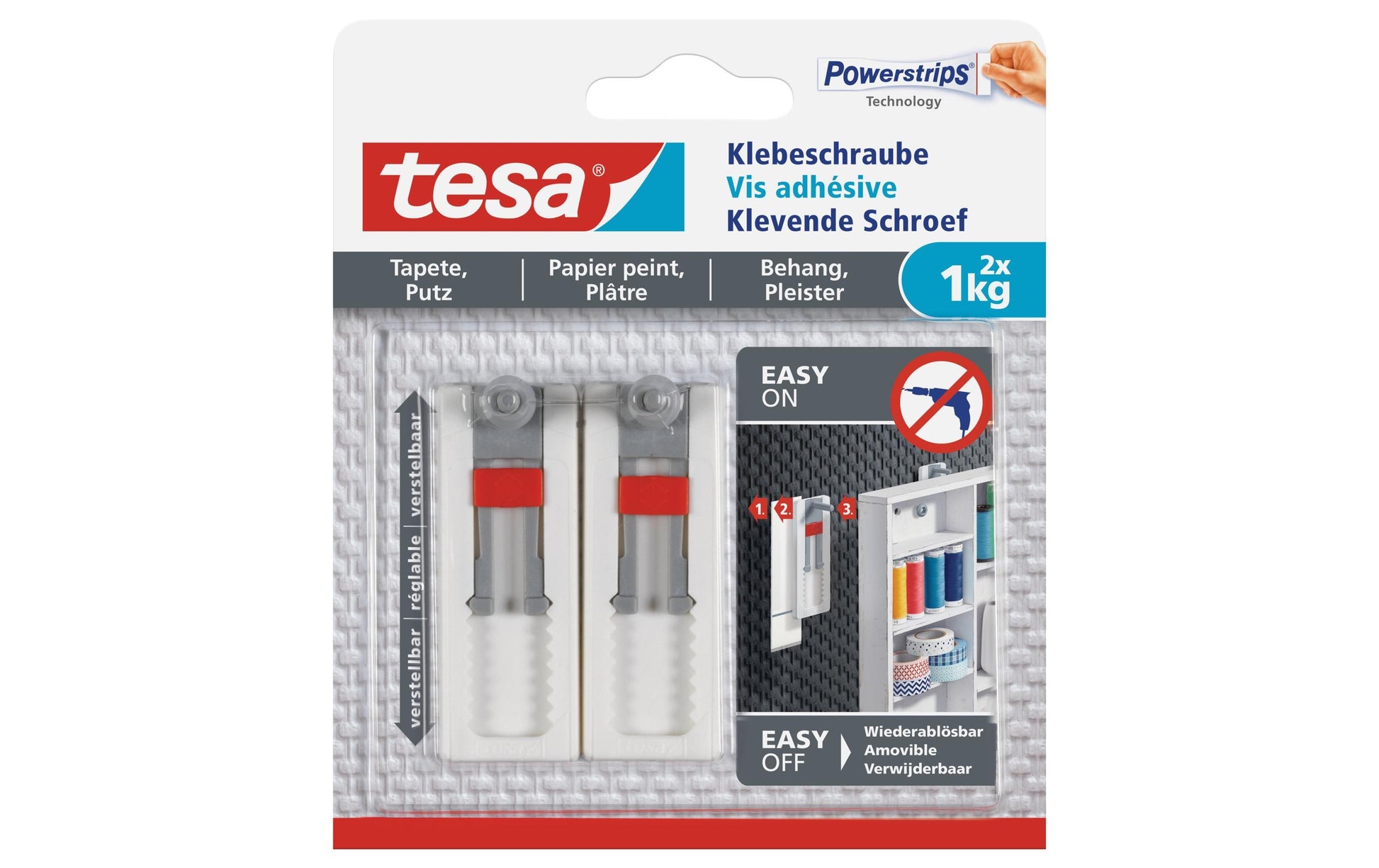 TESA Verstellbare Klebeschraube für Tapete/Putz – Weiss, bis 1 kg, 2 Stk.