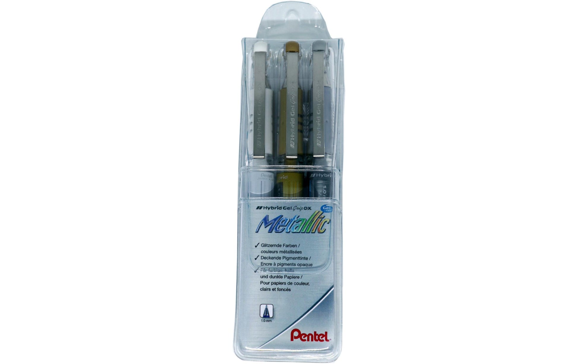 Pentel Hybrid Gel Grip DX Gelschreiber, Kappe – weiss/silber/gold, Spitze 1 mm, wasserfest, metallic, 3er-Set