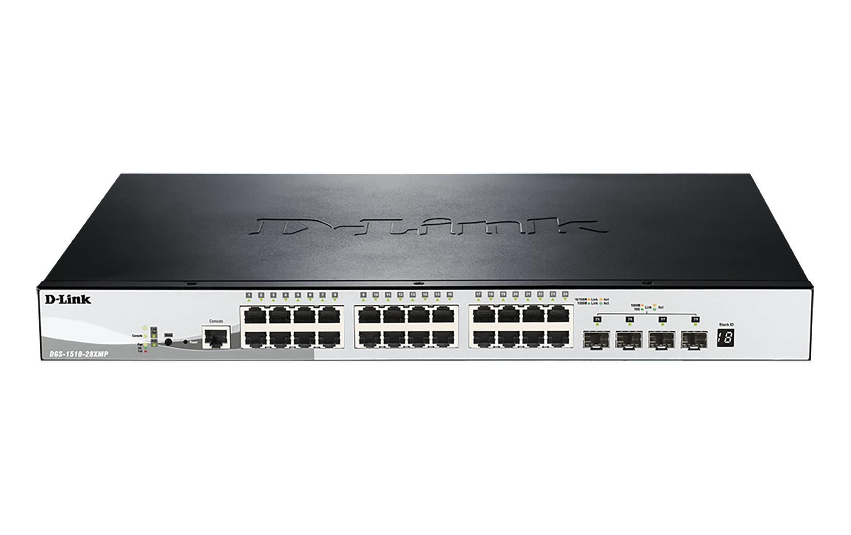 D-Link DGS-1510-28XMP – Verwalteter L2/L3 Switch – 24× 1G, 4× SFP+, PoE+, PoE-Budget 370 W, 19", 1U
