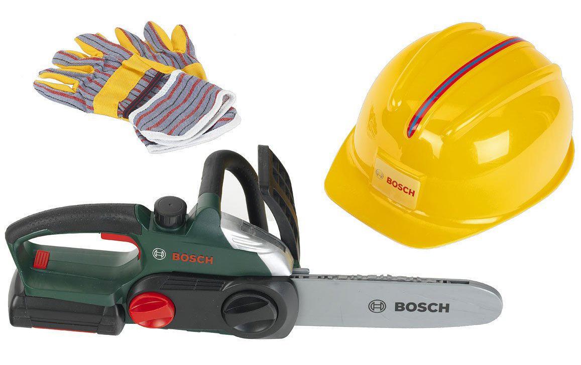 Theo Klein BOSCH Kettensäge mit Helm – Werkzeugkoffer, mit Geräuschfunktion, 3× AA – ab 3 Jahren – grün
