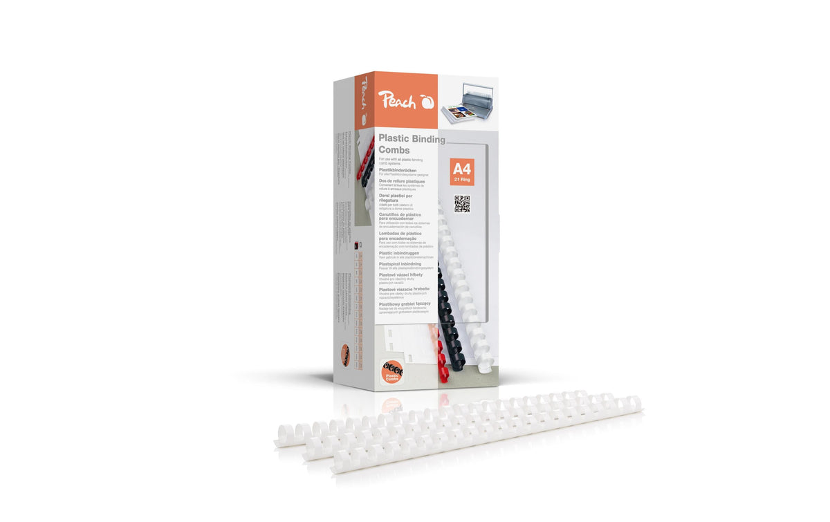 Peach CombBind Plastikbinderücken – A4 – Ø 14 mm – 21 Ringe – bis 125 Blatt, weiss – 100 Stk.