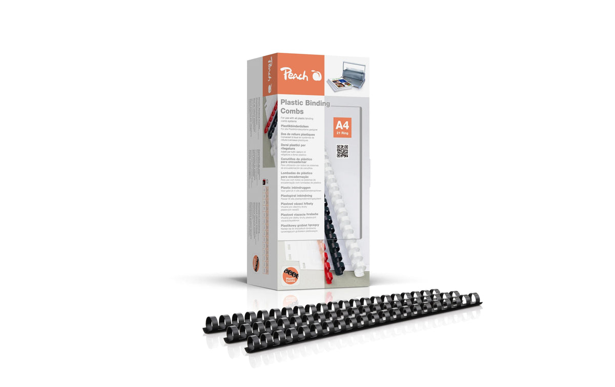 Peach CombBind Plastikbinderücken – A4 – Ø 14 mm – 21 Ringe – bis 125 Blatt, Schwarz – 100 Stk.