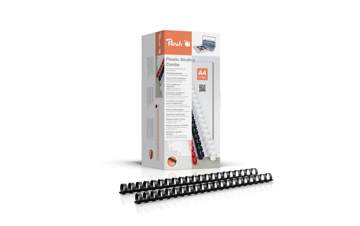 Peach CombBind Plastikbinderücken – A4 – Ø 16 mm – 21 Ringe – bis 145 Blatt, Schwarz – 100 Stk.