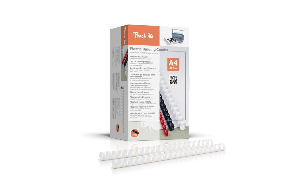 Peach CombBind Plastikbinderücken – A4 – Ø 20 mm – 21 Ringe – bis 175 Blatt, weiss – 100 Stk.