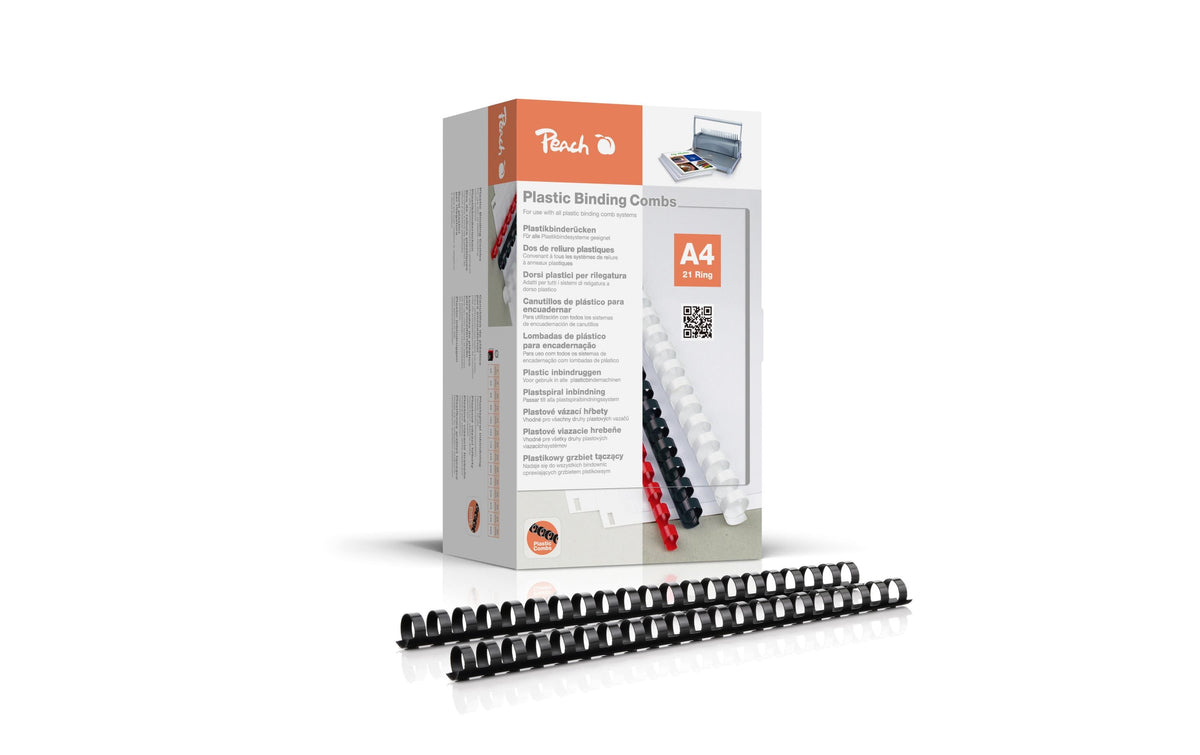 Peach CombBind Plastikbinderücken – A4 – Ø 20 mm – 21 Ringe – bis 175 Blatt, Schwarz – 100 Stk.