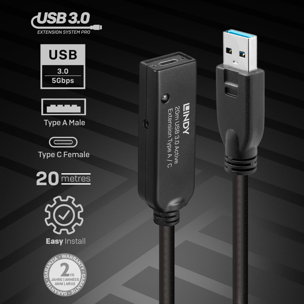 Lindy USB-Kabel, USB-A zu USB-C, 20 m, USB 3