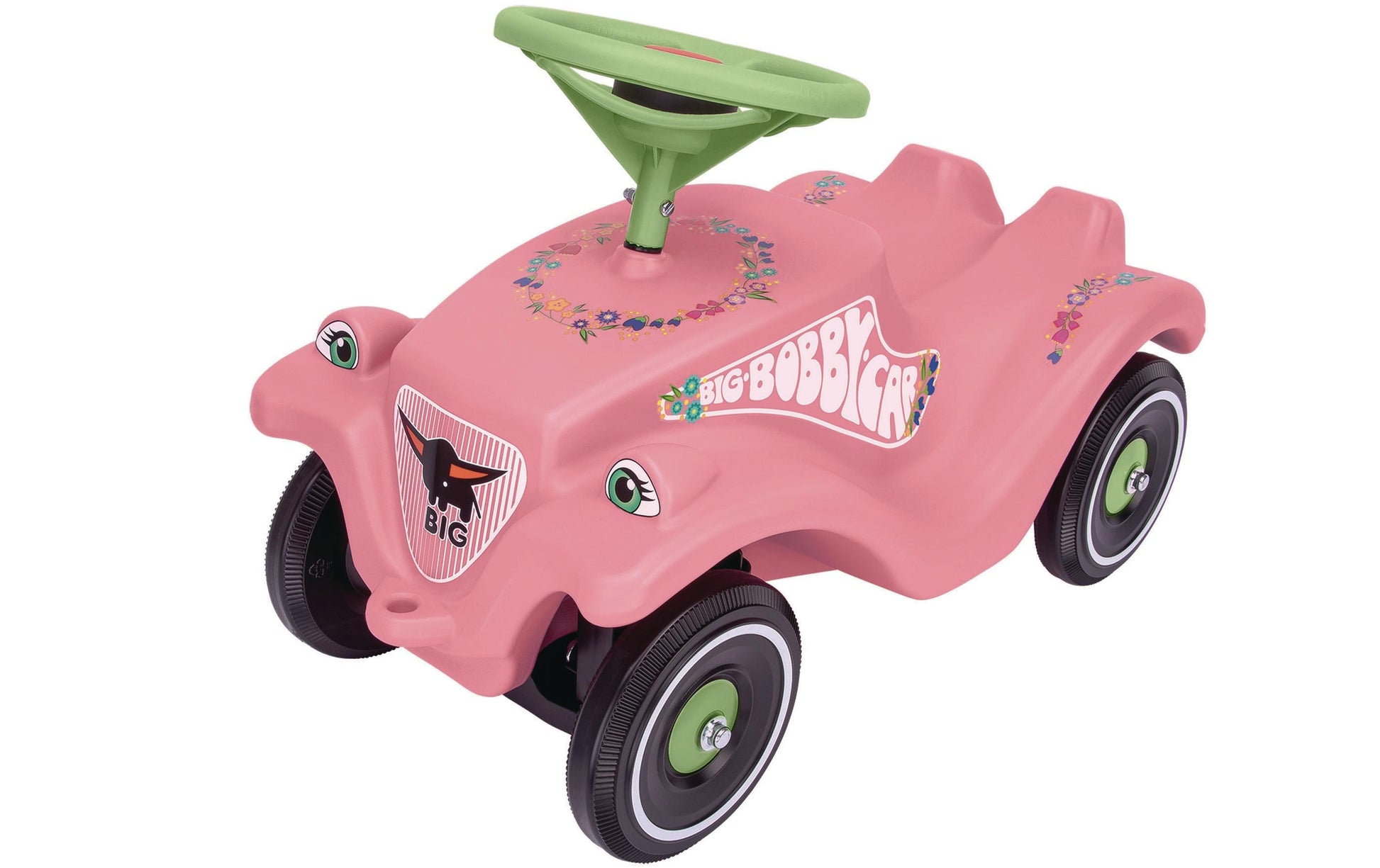 BIG Bobby-Car Classic Flower Aufsitzauto – 38 × 30 × 58 cm – 50 kg Belastbarkeit – ab 1 Jahr – rosa/grün