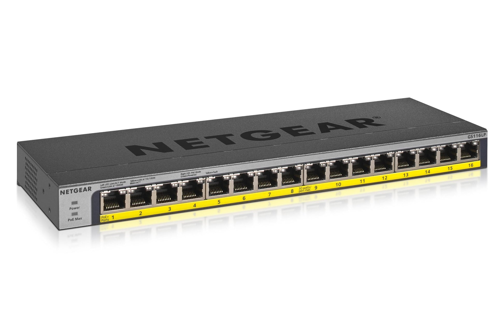 NETGEAR GS116LP – Switch – 16×GbE, PoE+ 76 W, 19" Rack