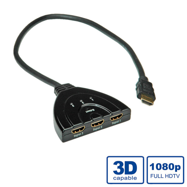 VALUE HDMI Switch, 3× HDMI In / 1× HDMI Out, 1080p, Umschaltung per Taster, Schwarz