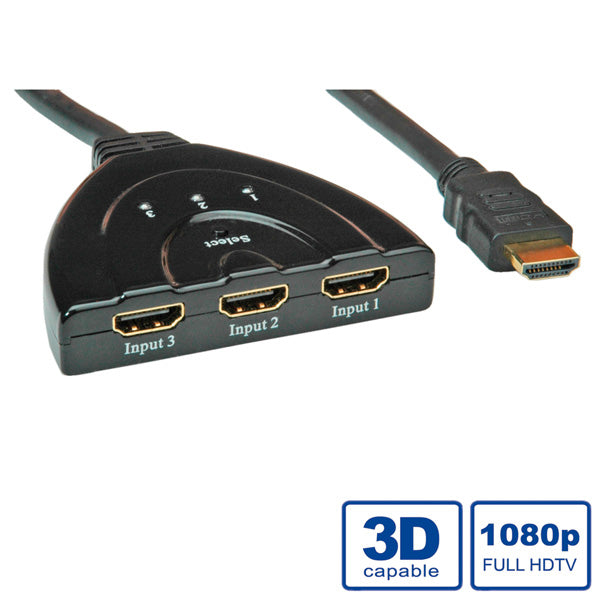 VALUE HDMI Switch, 3× HDMI In / 1× HDMI Out, 1080p, Umschaltung per Taster, Schwarz