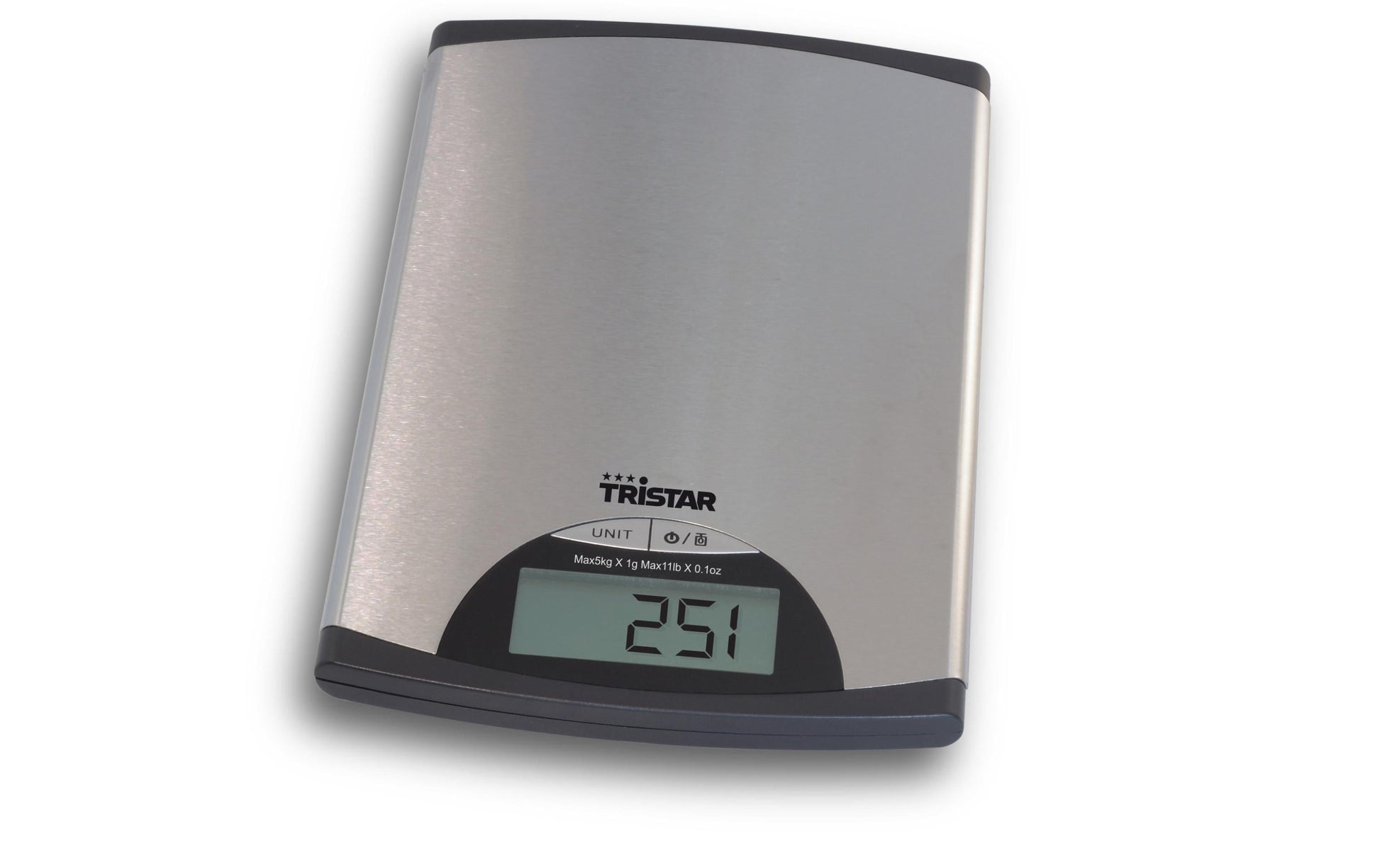 Tristar KW-2435 – Küchenwaage, bis 5 kg, 1 g Teilung, umschaltbare Einheiten, Tara, Edelstahl, silber