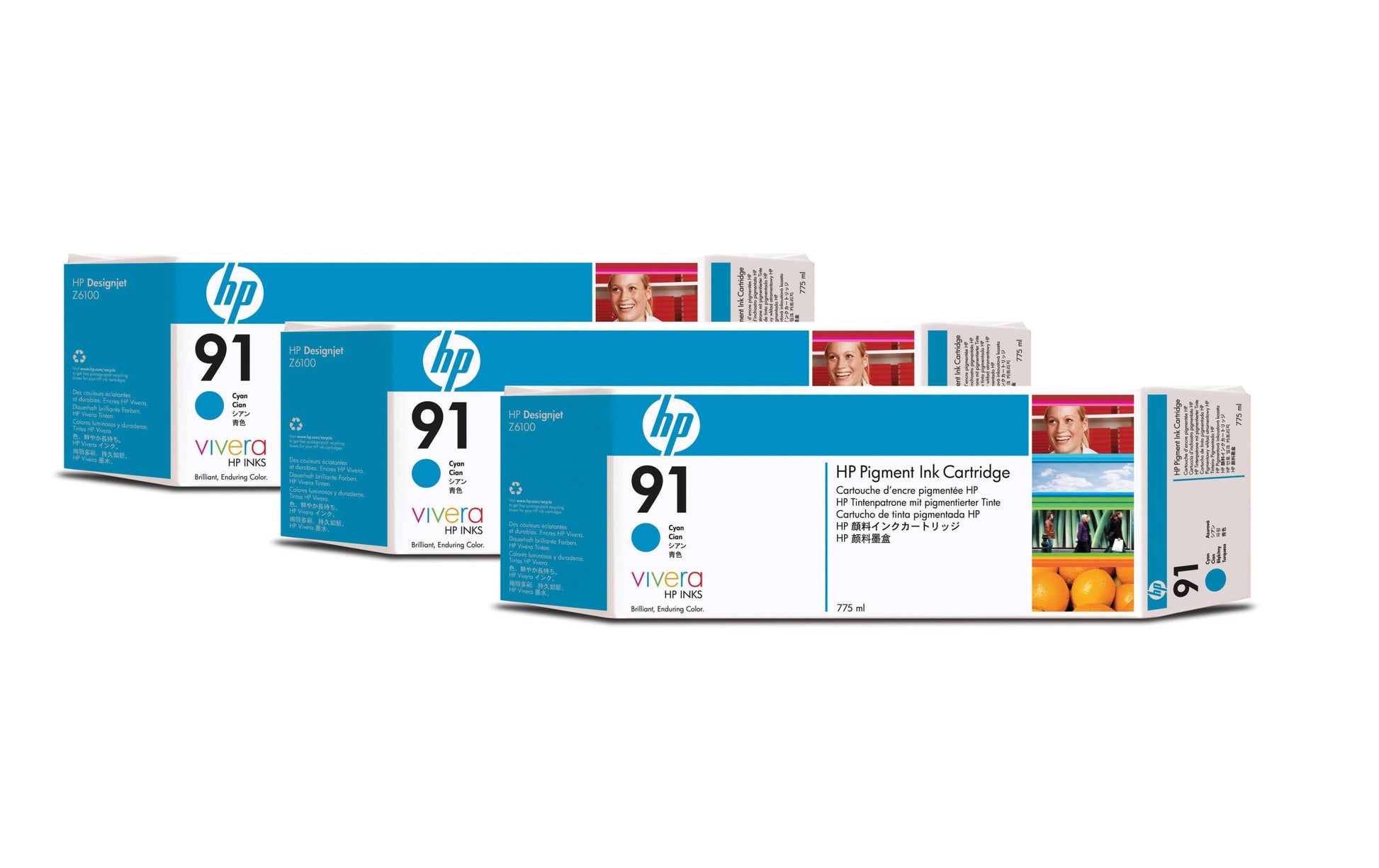 HP Tintenpatronen-Multipack 91 (C9483A), Cyan, 3er-Pack, Original – für Designjet Z 6100