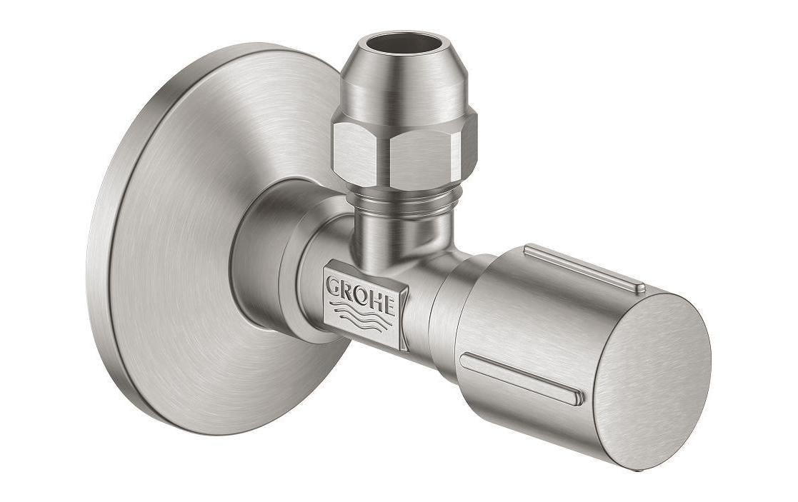 GROHE Eckventil – Ø 10 mm, Anschlüsse 1/2" & 3/8", Messing, Edelstahl-Optik, für Waschmaschine