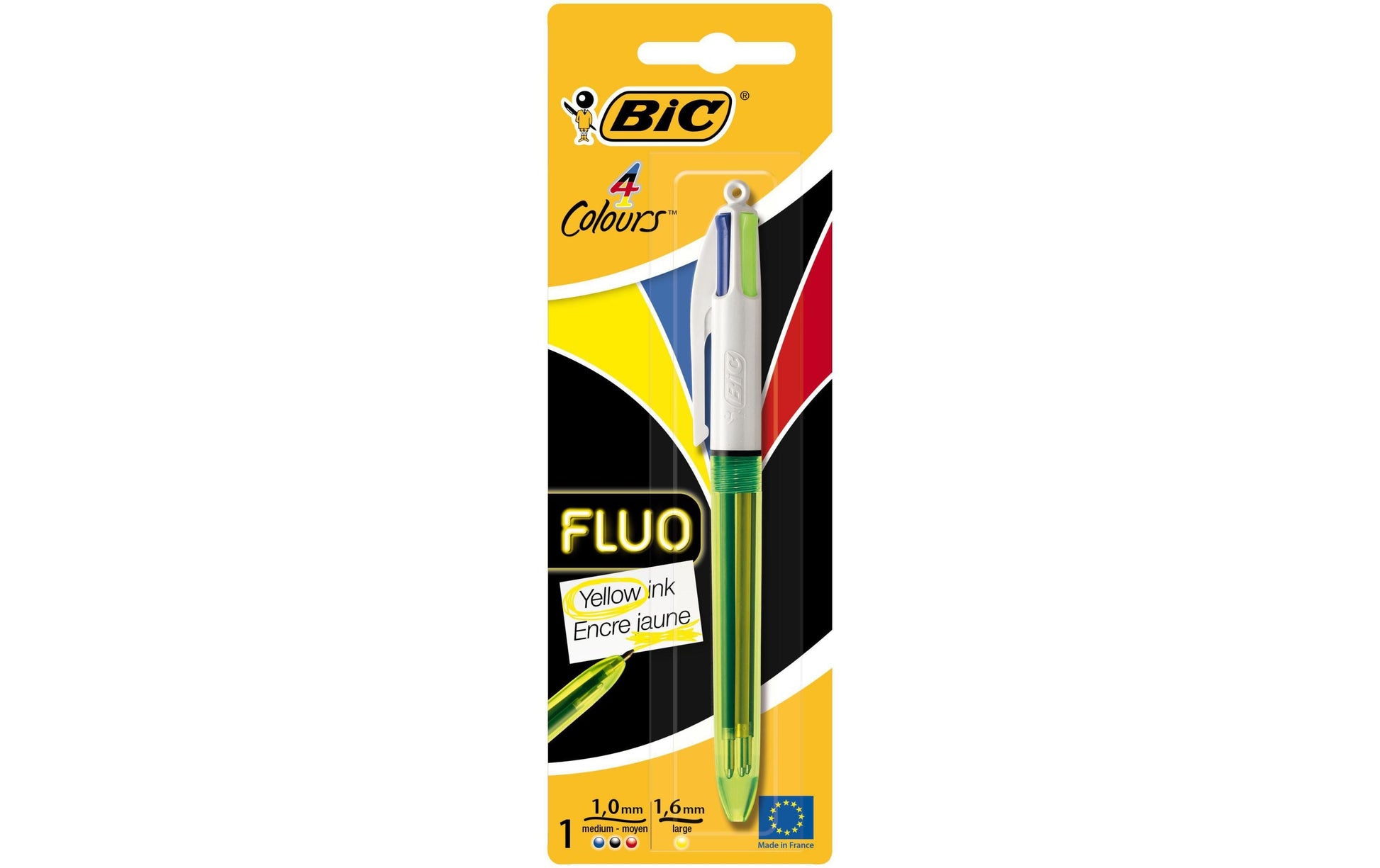 BIC Fluo 933949 Multifunktions-Kugelschreiber – 4 Farben (Schwarz/Blau/Rot/Gelb), Spitze 1,6 mm, Druck