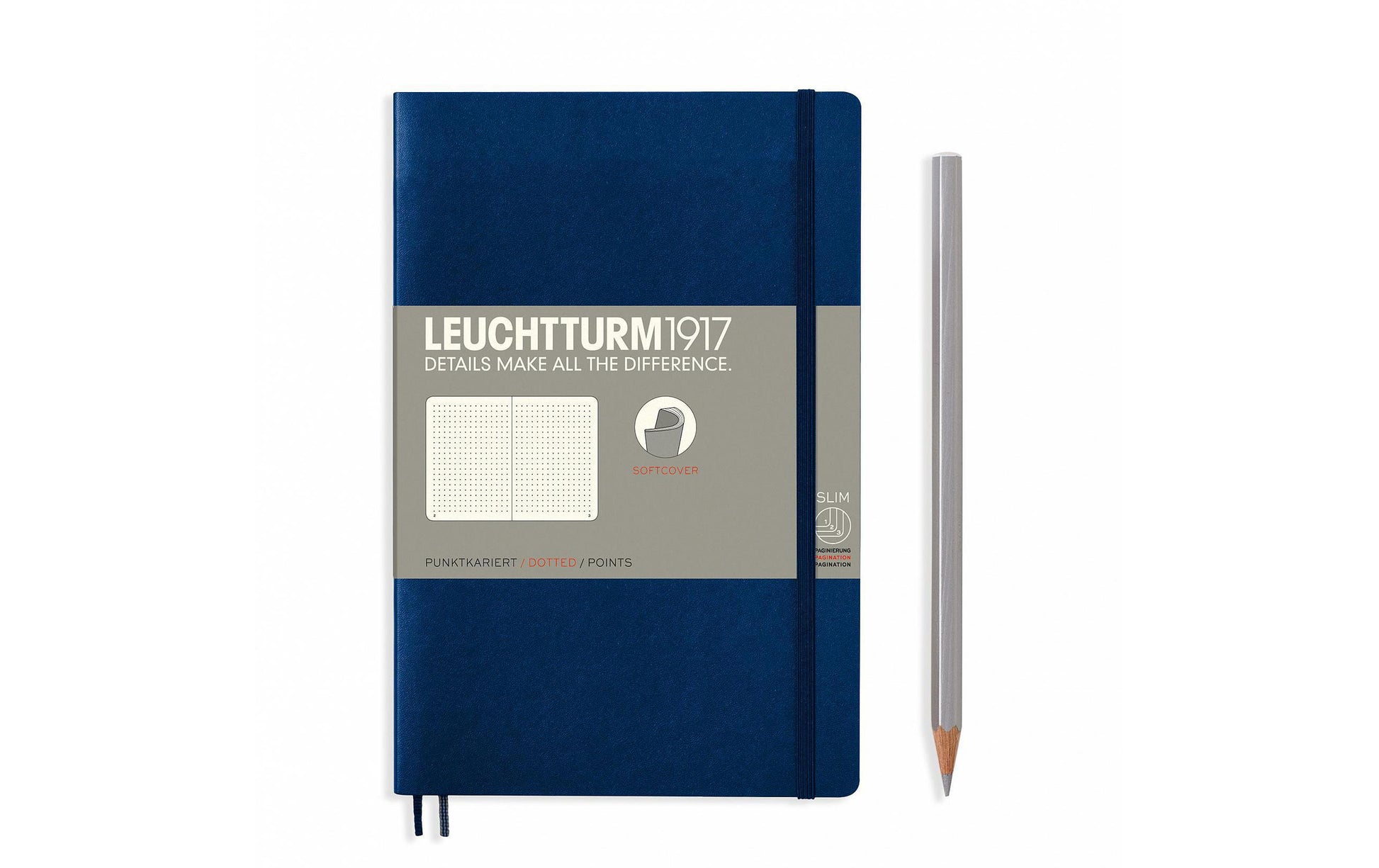 Leuchtturm Notizbuch – B6 – 123 Seiten – 80 g/m² – Softcover, Gummiband, Einstecktasche – Marineblau