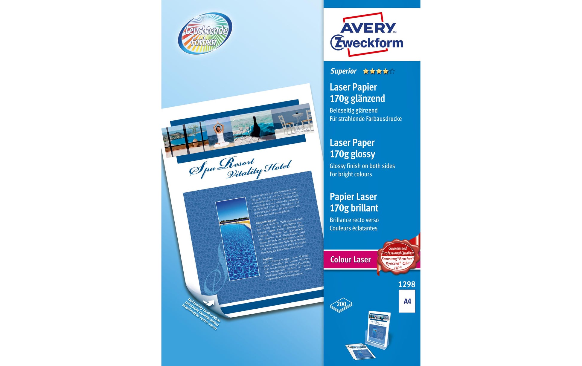 Avery Zweckform Superio Colour Fotopapier – glänzend, A4, 170 g/m², 200 Blatt – für Laserdrucker