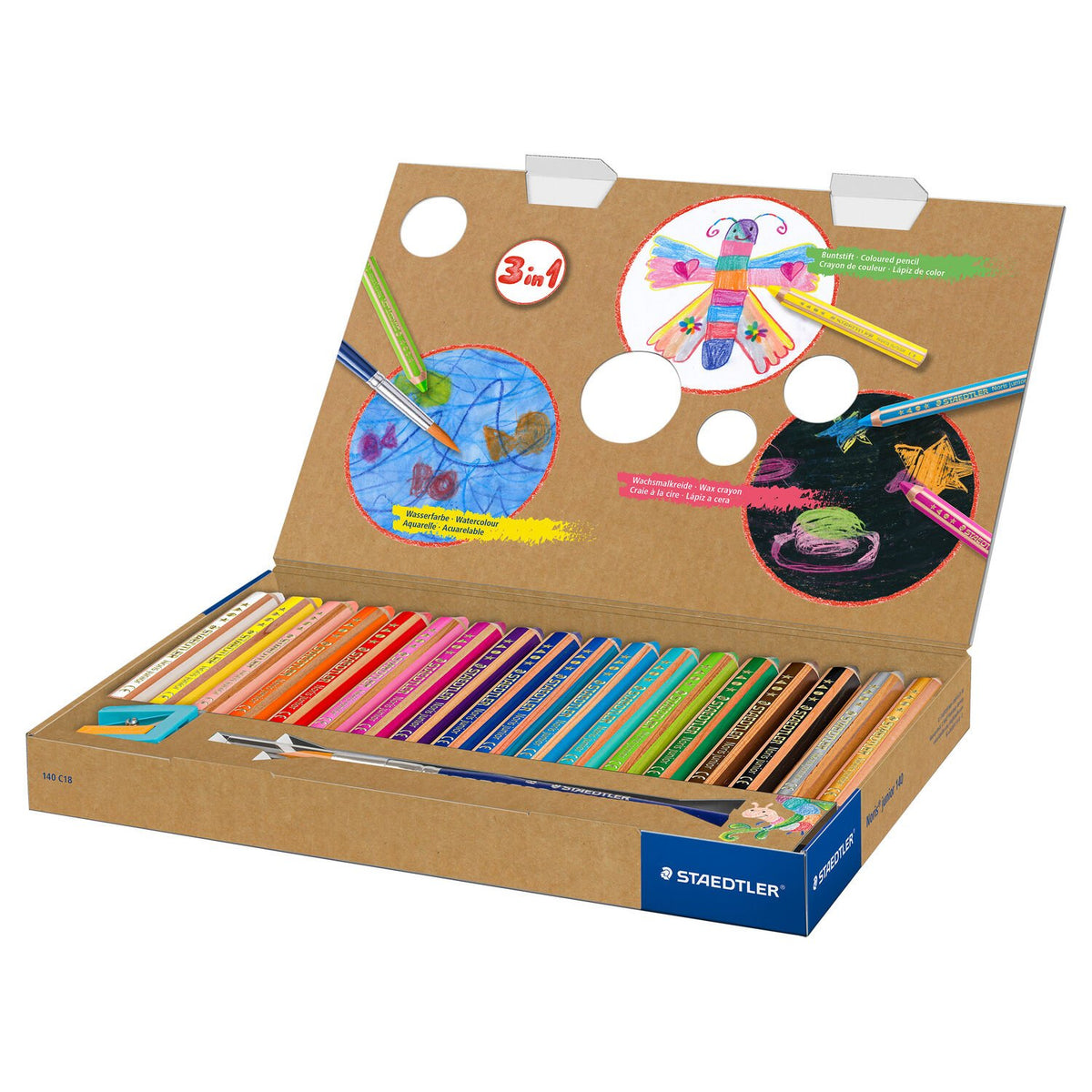 STAEDTLER Noris junior Aquarellfarbstifte – 18 Stk., 3 in 1, Ø 9,5 mm, Karton, mit Spitzer & Pinsel
