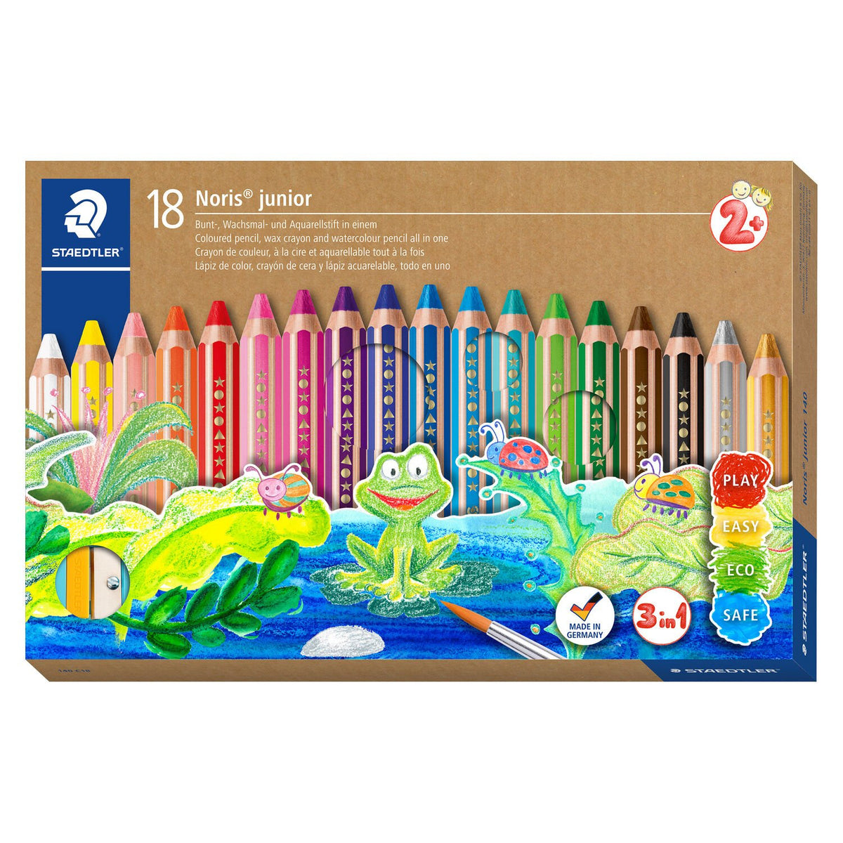 STAEDTLER Noris junior Aquarellfarbstifte – 18 Stk., 3 in 1, Ø 9,5 mm, Karton, mit Spitzer & Pinsel