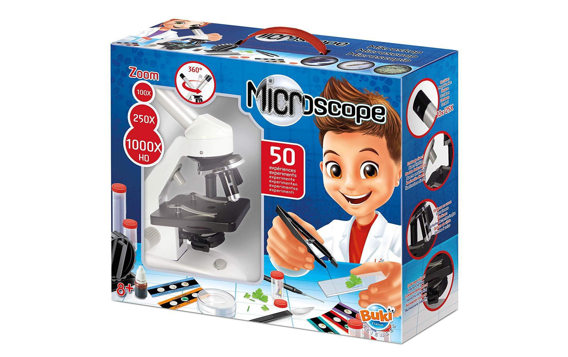 Buki Experimentier-Bausatz – MIKROSKOP 50 EXPERIMENTE, 100×, 250×, 1000×, batteriebetrieben, ab 8 Jahren