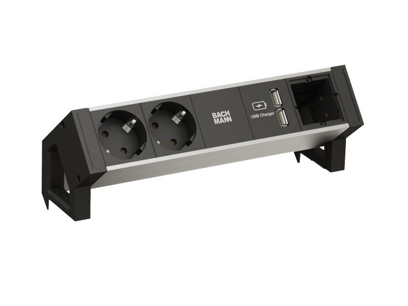 Bachmann DESK2 ALU Steckdosenleiste 2× Schutzkontakt, USB×2, ABD-Modul – 0,2 m