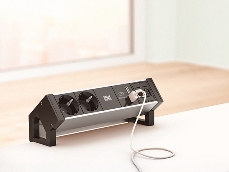 Bachmann DESK2 ALU Steckdosenleiste 2× Schutzkontakt, USB×2, ABD-Modul – 0,2 m