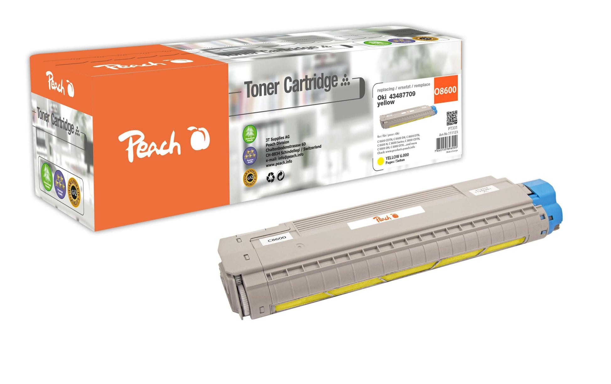Peach Toner 43487709 – gelb, 6000 Seiten – für OKI C 8600 CDTN/C 8600 DN/C 8600 DTN und andere