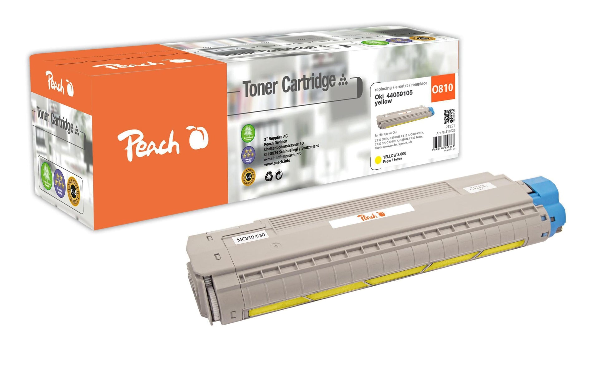 Peach Toner 44059105 – gelb, 8000 Seiten – für OKI C 810 CDTN/C 810 DN/C 810 N und andere