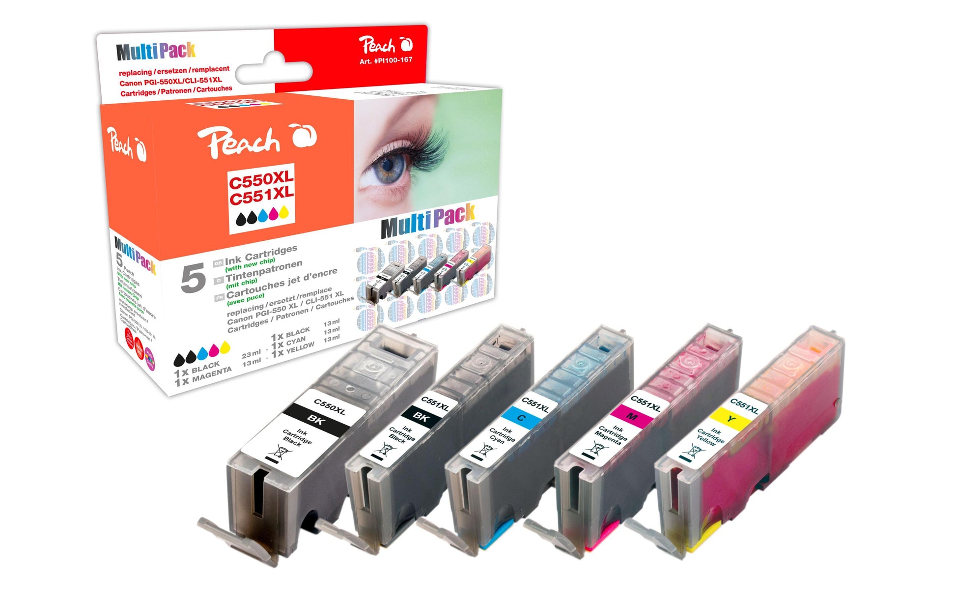 Peach PGI-550/CLI-551 Tintenpatronen-Multipack, Schwarz/Cyan/Magenta/Gelb (Kompatibel)