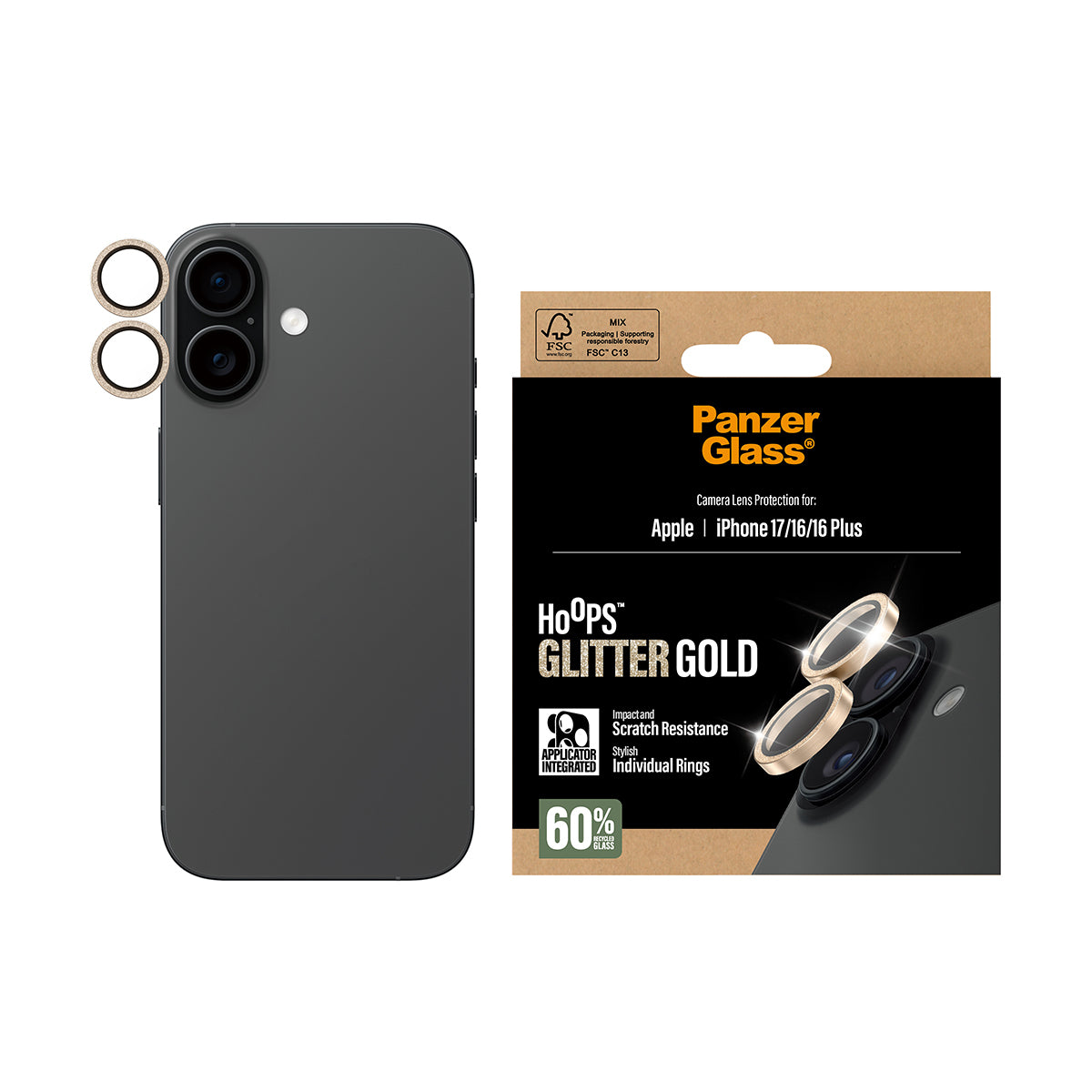 PanzerGlass Kameraschutz Hoops – für Apple iPhone 17/16/16 Plus, kratzresistent, stossfest, Hartglas, Gold