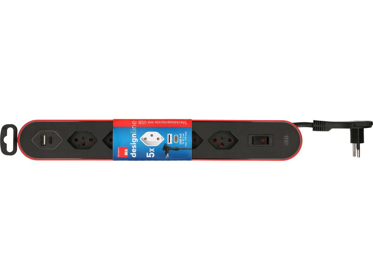 Max Hauri AG Steckdosenleiste, 5×T13, 1×USB-A + 1×USB-C, 17 W gesamt, mit Schalter, 2,2 m – rot/schwarz