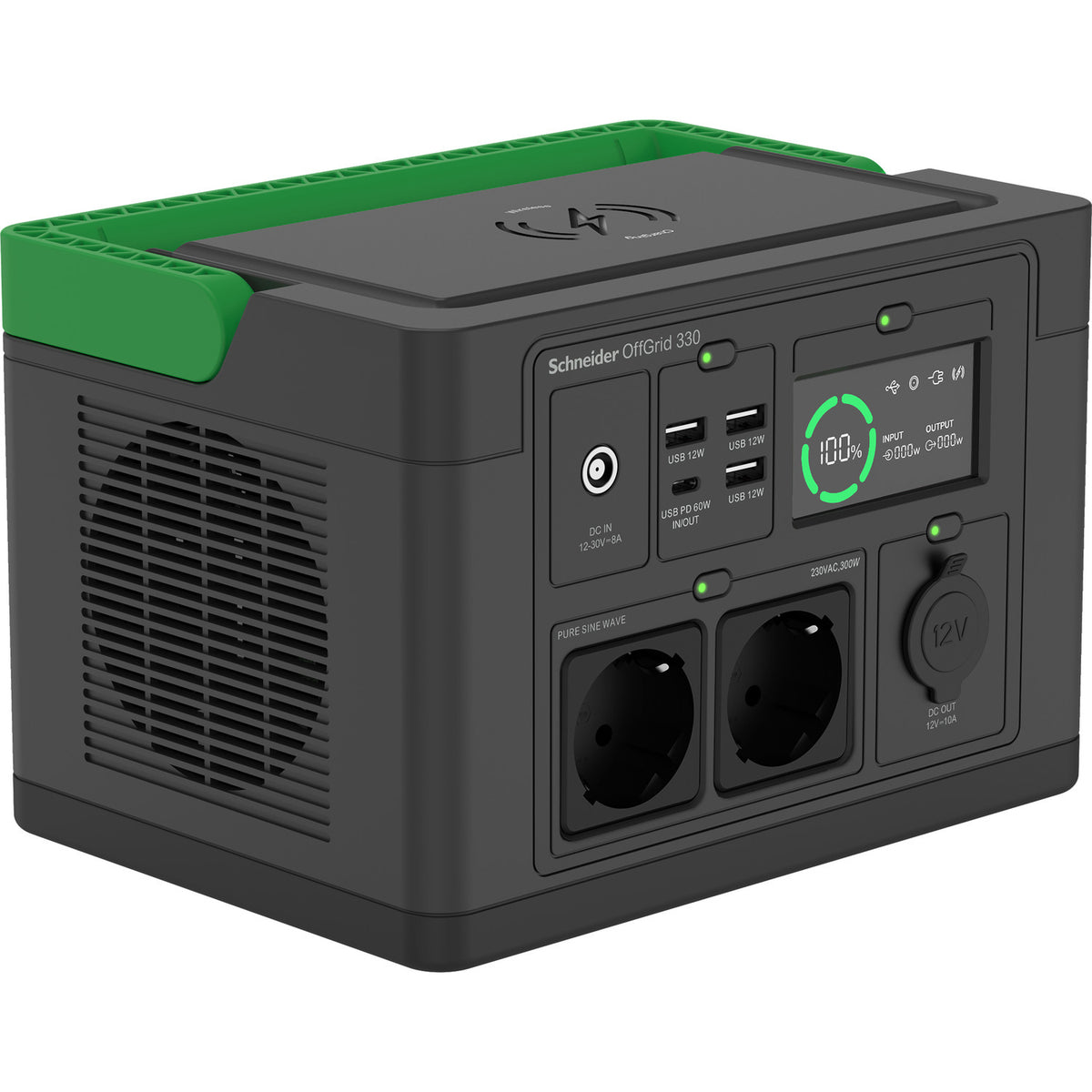 APC OffGrid 330 – Powerstation, 332 Wh, 300 W AC, Li‑Ion, 2× Schuko (Typ F), LCD, Kabelloses Laden