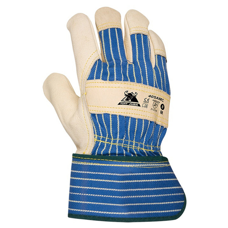 Juba Arbeitshandschuhe, 405AMC TUFF – Grösse 10/XL – Leder/Baumwolle, Beige/Blau, Dicke 1,3–1,4 mm