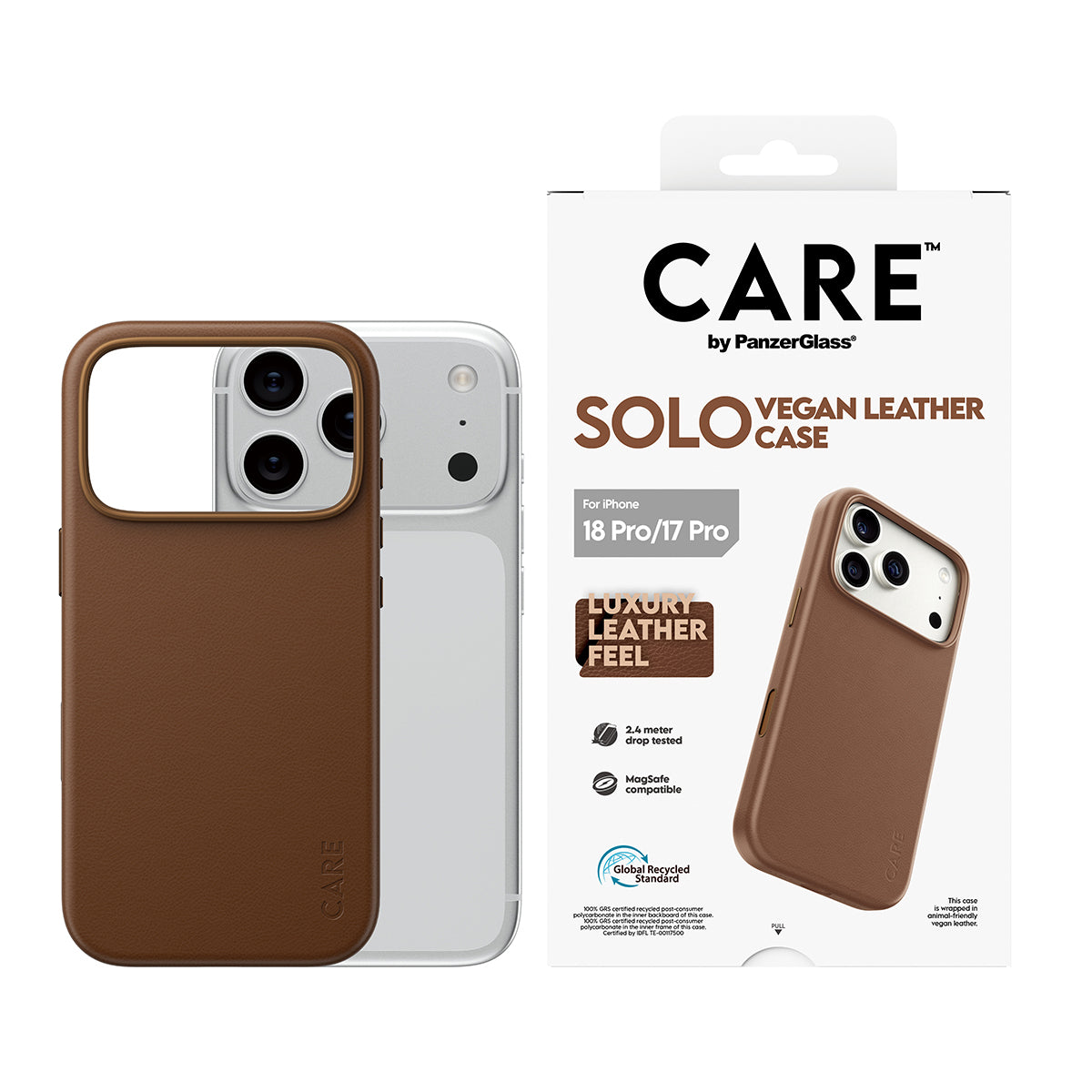PanzerGlass CARE Solo – Rückcover – für Apple iPhone 18 Pro / 17 Pro, PU, Braun, bis 2,4 m sturzsicher
