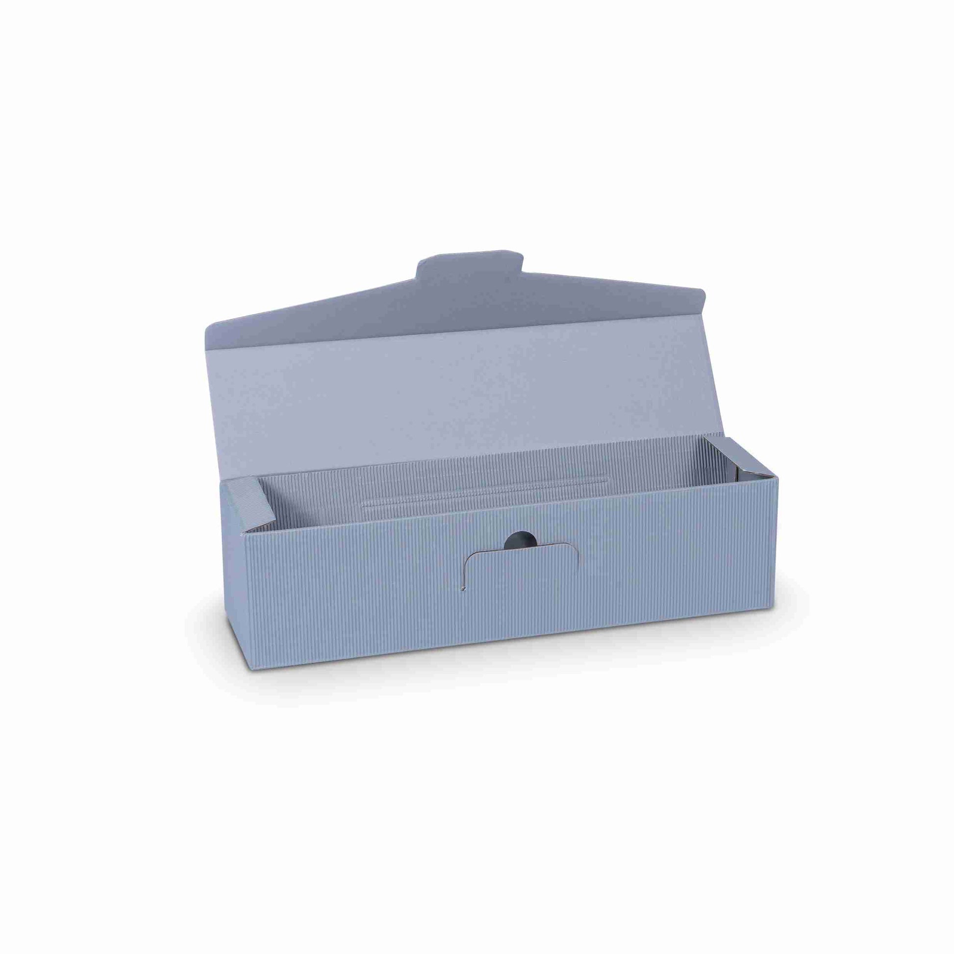 Model Geschenkbox Wellpappe silbergrau – 95 × 380 × 90 mm – offene Welle – für 1 Flasche – 1 Stk., ab 20 Stk.