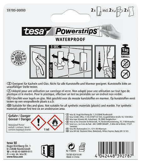 TESA Klebehaken – Edelstahl, 1 kg, Klebestreifen, 2er-Set
