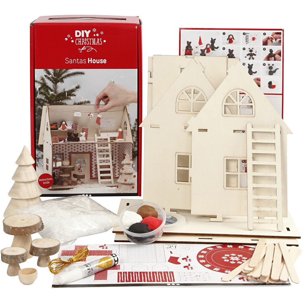 Creativ Company Bastelset Weihnachtsmann (Haus, Wichtel) – H 24,5 cm – 25-teilig – aus Holz
