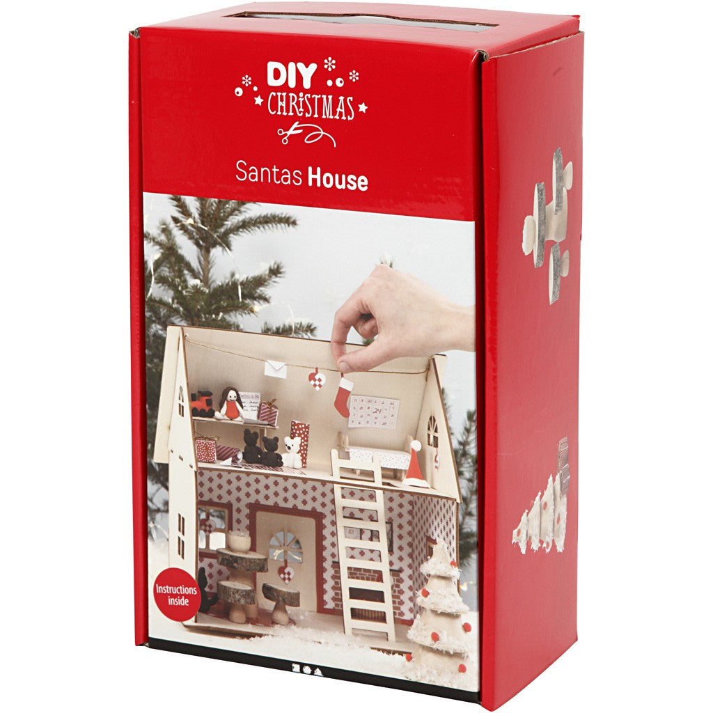 Creativ Company Bastelset Weihnachtsmann (Haus, Wichtel) – H 24,5 cm – 25-teilig – aus Holz