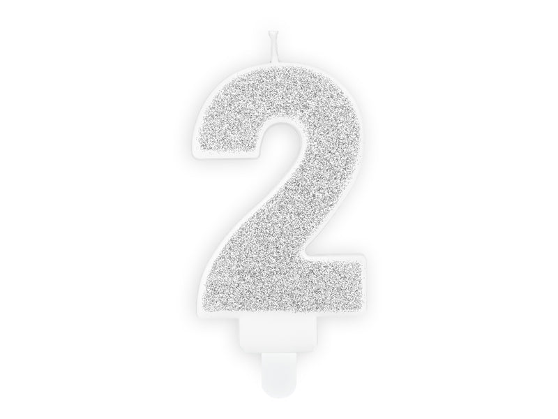 PartyDeco Geburtstagskerzen Zahl 2 – Silber – Ø 3 cm × 7 cm – 1 Stk