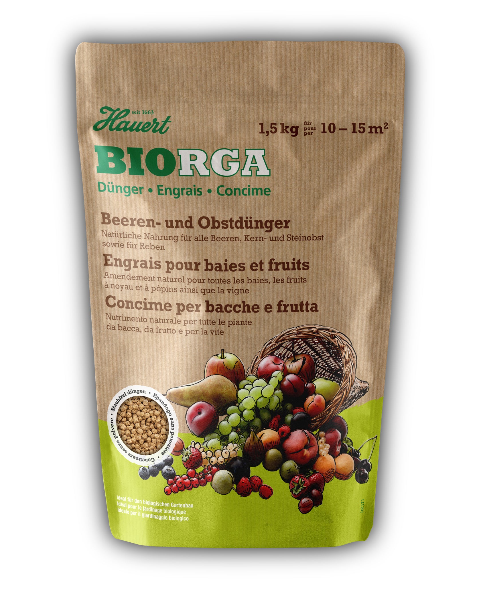 Hauert Mehrnährstoffdünger, BIORGA, 1,5 kg, Granulat, Bio – für Beeren, Obst – 1 Tasche